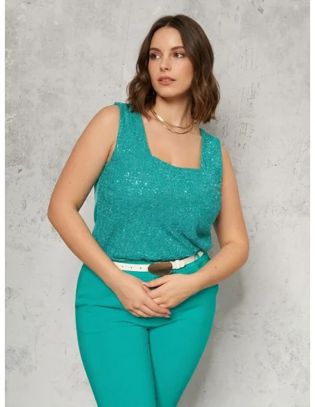 Top Curvy Ricoperto Di Paillettes Davanti Con Scollo Quadrato Rinascimento Curvy