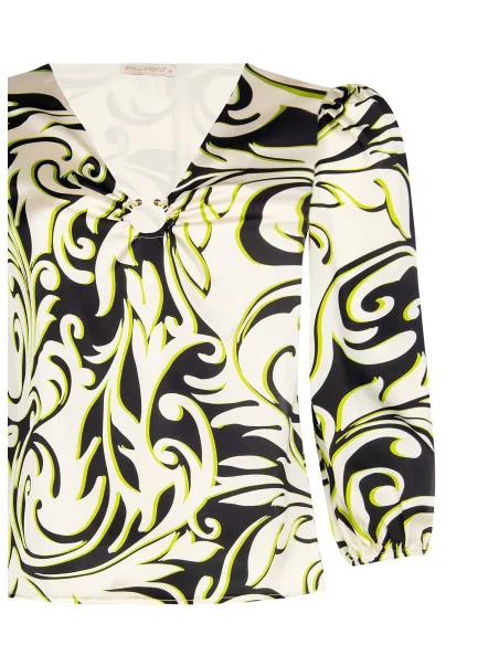 Blusa Curvy Sfiancata In Raso Stampato Con Anello In Metallo Sullo Scollo Rinascimento Curvy