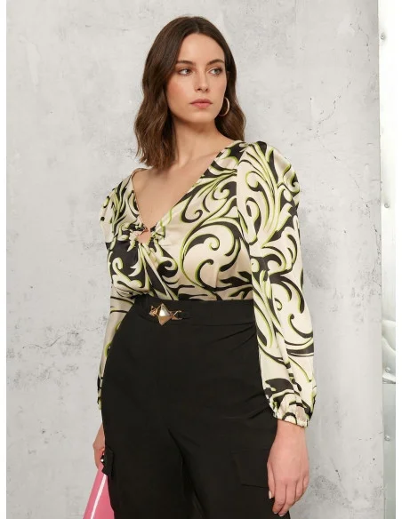 Printed Satin Curvy Blouse With Metal Ring On Neckline Rinascimento Curvy
