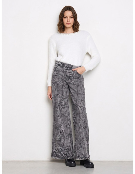 Fluffy Crew-Neck Sweater with Pearls and Rhinestones Rinascimento