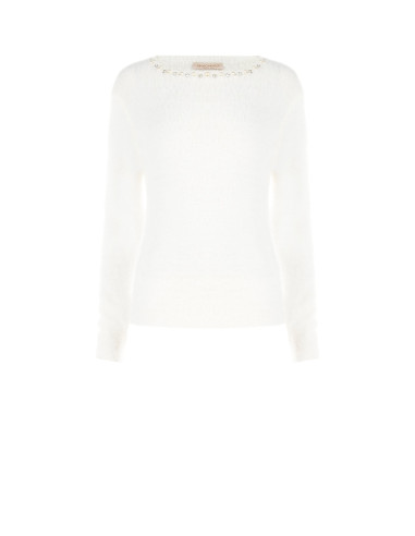 Fluffy Crew-Neck Sweater with Pearls and Rhinestones Rinascimento