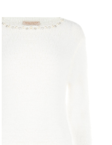 Fluffy Crew-Neck Sweater with Pearls and Rhinestones Rinascimento