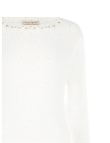 Maglione Fluffy Con Perle E Strass Al Girocollo Rinascimento