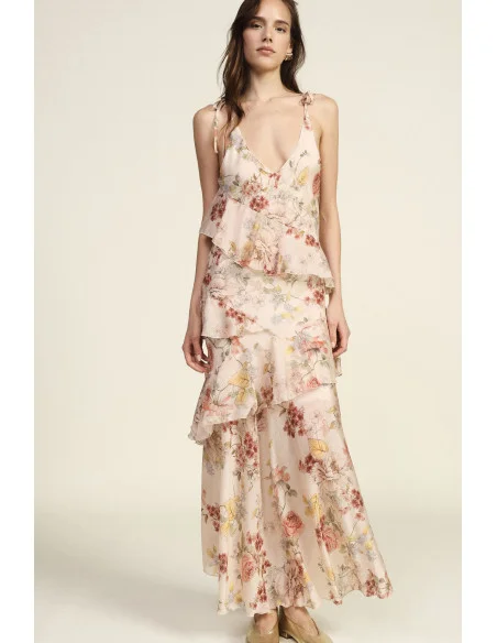 Longue robe florale à volants et fines bretelles Dixie