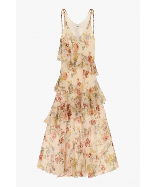 Longue robe florale à volants et fines bretelles Dixie