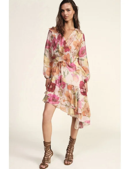 Short Wrap Dress with Floral Print and Ruffles Dixie