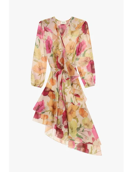 Short Wrap Dress with Floral Print and Ruffles Dixie