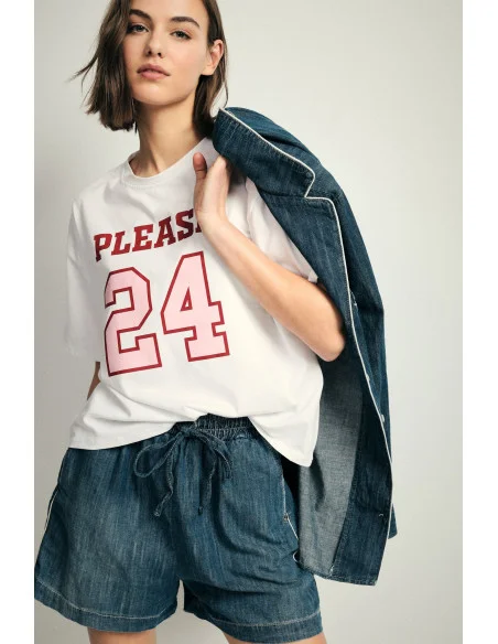 Oversized T-Shirt with Front Print and Please Sleeve