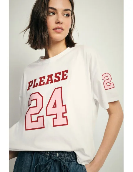 T-Shirt Ampia Stampa Frontale E Manica Please