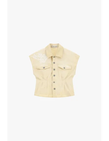 Veste en denim courte à épaules larges et détails brodés Please