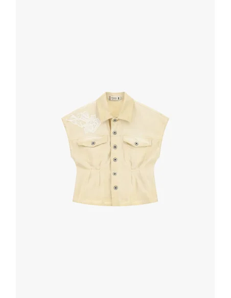 Veste en denim courte à épaules larges et détails brodés Please