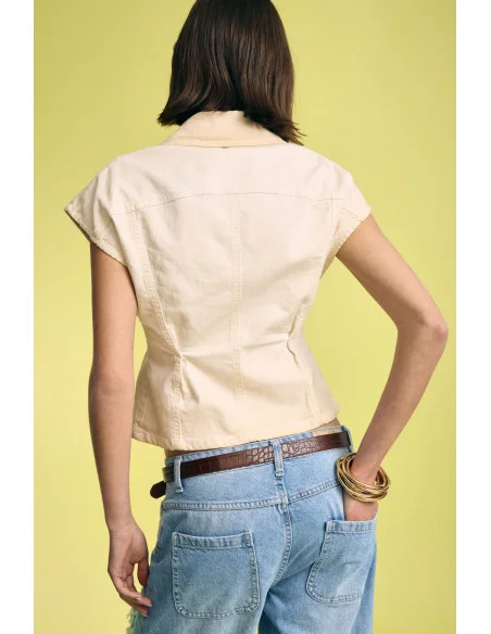Cropped Denim Jacket with Wide Shoulders and Embroidered Details Please