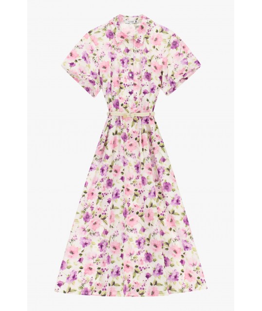 Long Dress With Floral Print And Belt Please