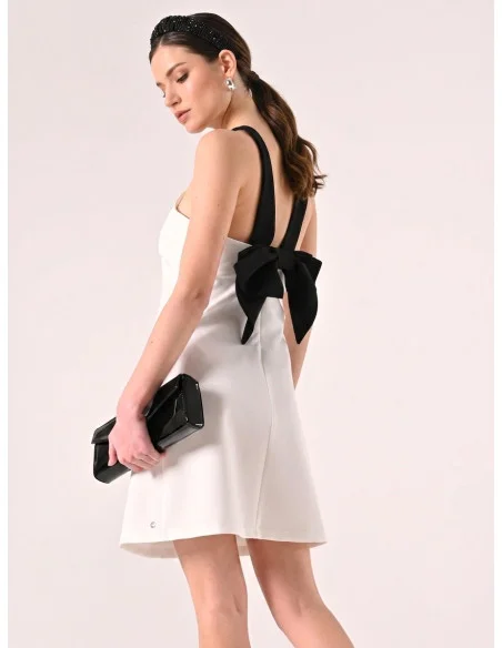 Short Two-Tone Technical Fabric Dress with Bow at the Back Rinascimento