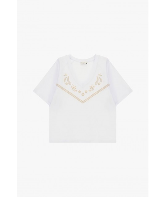 T-Shirt court avec broderie géométrique et encolure en V Dixie