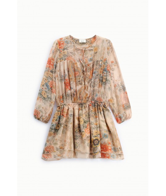 Short Dress With Floral Print And Dixie Tie Neckline