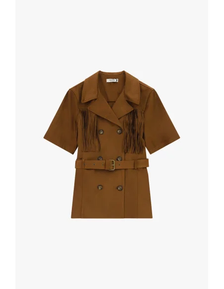 Double-Breasted Shirt Jacket with Fringes and Belt Please