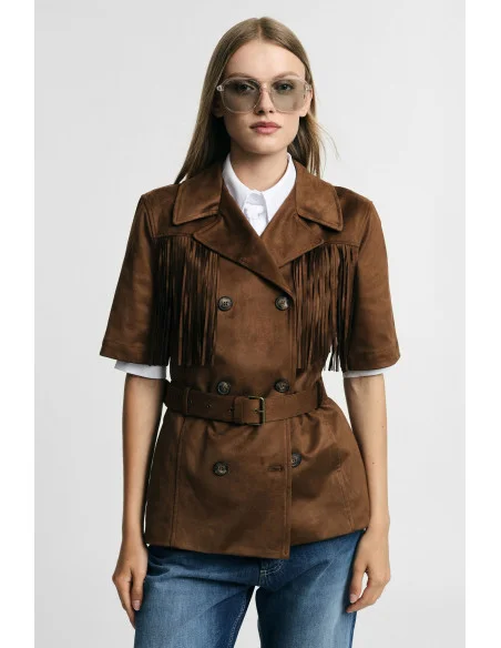 Double-Breasted Shirt Jacket with Fringes and Belt Please