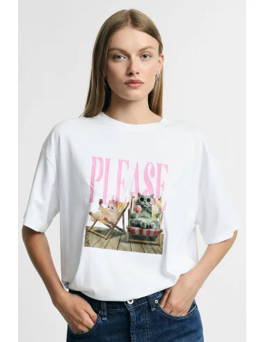 T-Shirt Ampia Stampa Centrale Lettering E Animali Please