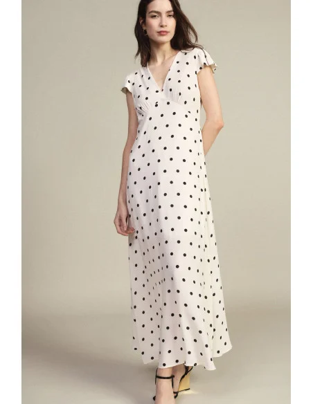 Long Dress with Polka Dot Print and Flutter Sleeves Dixie