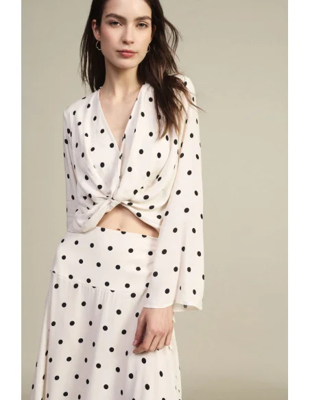 Cropped Polka Dot Pattern Top with Front Knot Dixie