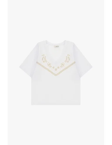 T-Shirt court avec broderie géométrique et encolure en V Dixie
