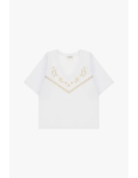 T-Shirt Corta Con Ricamo Geometrico E Scollo A V Dixie