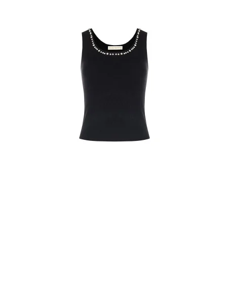 Top en viscose mélangée à fines côtes avec cabochon de cristaux sur l'encolure Rinascimento