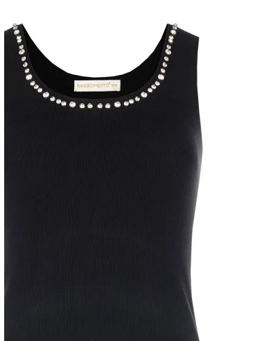 Top en viscose mélangée à fines côtes avec cabochon de cristaux sur l'encolure Rinascimento