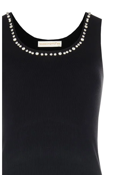 Top In Misto Viscosa A Coste Sottili Con Cristalli Cabochon Sull Scollo Rinascimento