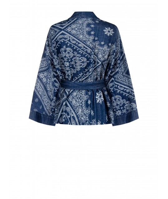 Printed Denim Over Kimono Jacket With Coordinated Belt Rinascimento