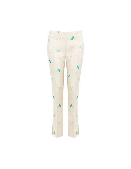 Pantaloni A Sigaretta In Misto Lyocell E Lino Con Ricami Di Tulipani E Paillettes Rinascimento