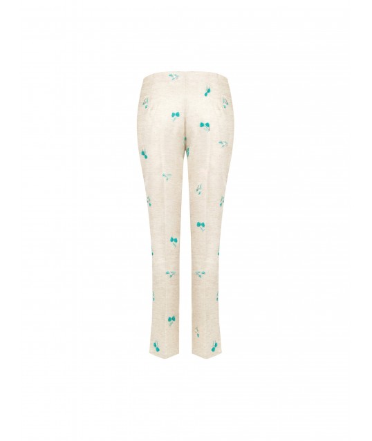 Pantaloni A Sigaretta In Misto Lyocell E Lino Con Ricami Di Tulipani E Paillettes Rinascimento