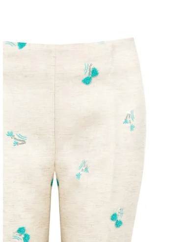 Pantaloni A Sigaretta In Misto Lyocell E Lino Con Ricami Di Tulipani E Paillettes Rinascimento