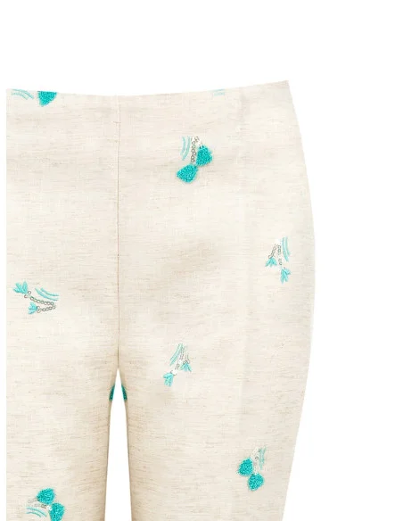 Pantaloni A Sigaretta In Misto Lyocell E Lino Con Ricami Di Tulipani E Paillettes Rinascimento