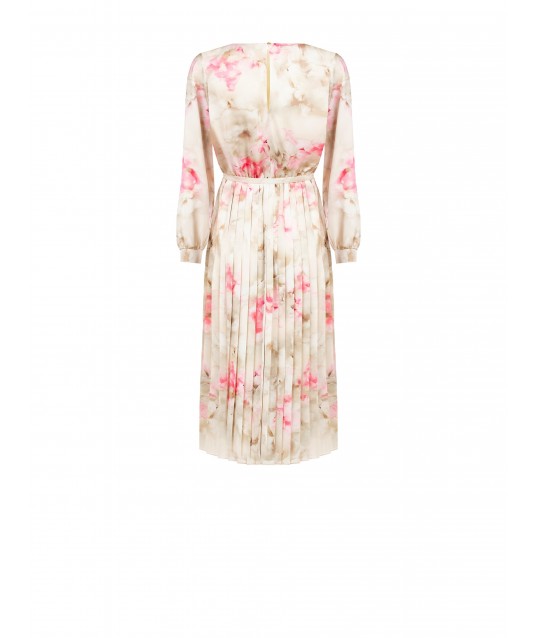 Satin Midi Dress In Shaded Flowers With Pleated Skirt And Coordinating Belt Rinascimento