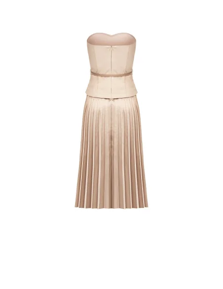 Pleated Flared Midi Dress in Satin with a Two-Piece Effect and Scuba Crepe Top Rinascimento