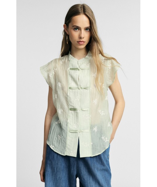 Sleeveless Shirt With Embroidered Flowers And Front Closure Please