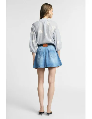 Short Five-Pocket Denim Skirt with a Distressed Effect Please