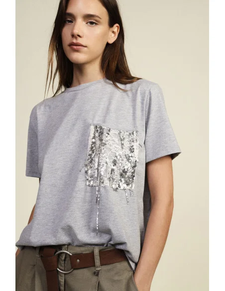 T-shirt à manches courtes avec poche poitrine et paillettes Dixie