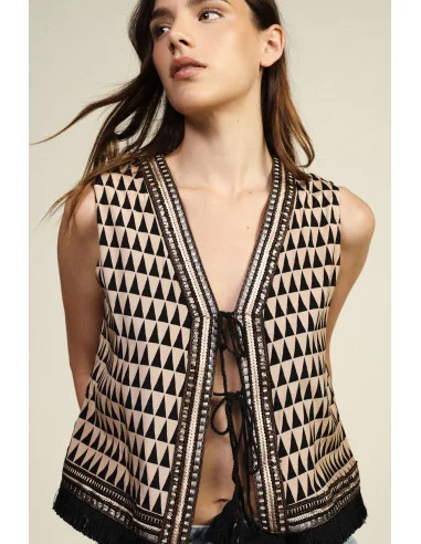 Gilet Con Motivo Geometrico E Frange Dixie