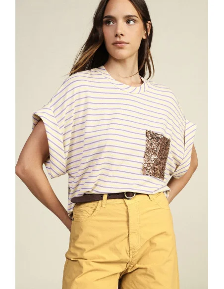 T-Shirt A Righe Con Tasca Applicata Paillettes Dixie