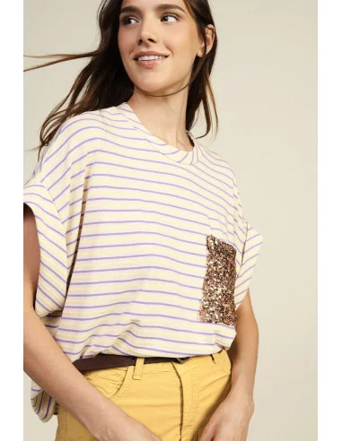 T-Shirt A Righe Con Tasca Applicata Paillettes Dixie