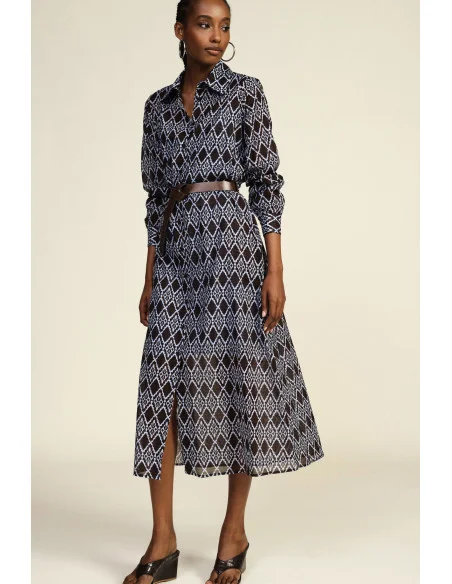 Long Dress with Geometric Print, Fabric Belt Dixie
