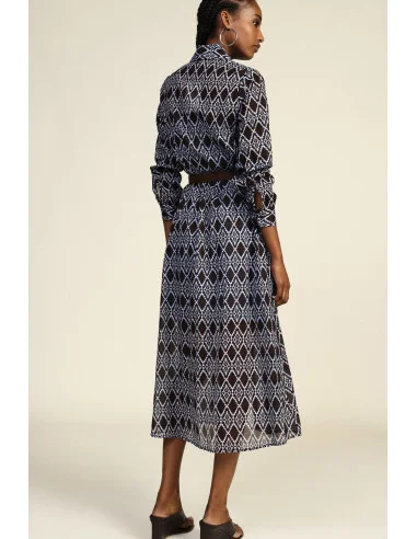 Long Dress with Geometric Print, Fabric Belt Dixie
