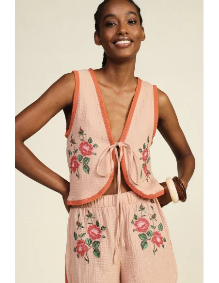 Gilet avec bordures contrastantes et broderies florales Dixie
