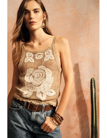 Dixie Openwork Top with Floral Embroidery and Thin Straps