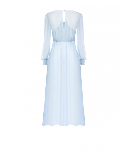 Robe midi à volants en georgette et dentelle, avec deux fentes sur le devant, style Rinascimento