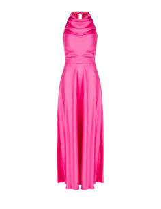 Rinascimento Maxi Satin Dress with Draped Neckline and Bow at the Back