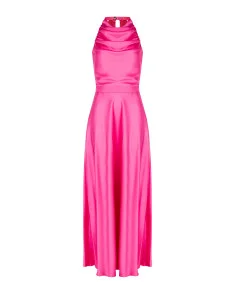 Rinascimento Maxi Satin Dress with Draped Neckline and Bow at the Back